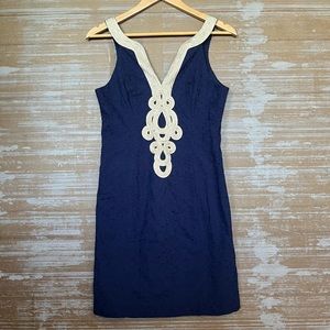 Lilly Pulitzer Emery Shift Dress Preppy Classic Navy Gold Formal Womens 0